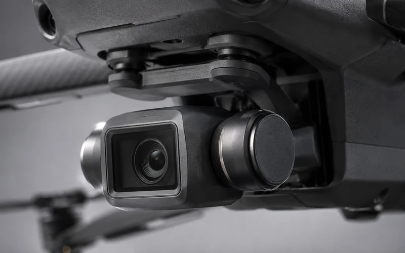 Detailansicht einer Drohnenkamera mit einer mechanischen 3-Achsen-Gimbal-Aufhängung.