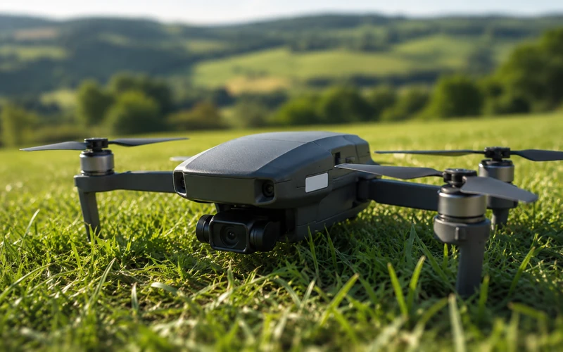 Nahaufnahme einer kompakten Quadrocopter-Drohne auf einer grünen Wiese mit einer kleinen Kennzeichnungsplakette am Gehäuse.