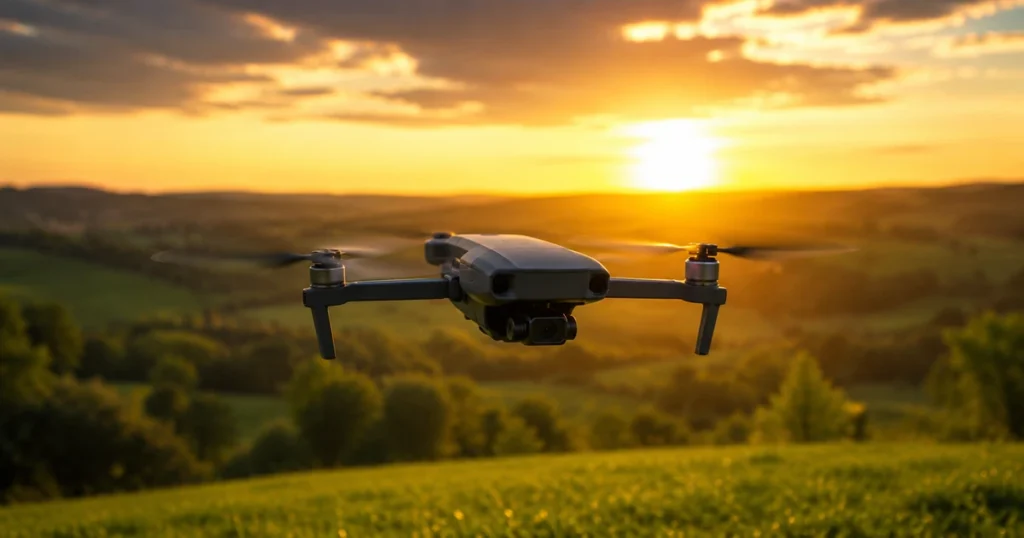Drohnen kaufen für Einsteiger: Eine kompakte Quadrocopter-Drohne fliegt im goldenen Morgenlicht über einer weiten Küstenlandschaft mit Klippen und Meer.