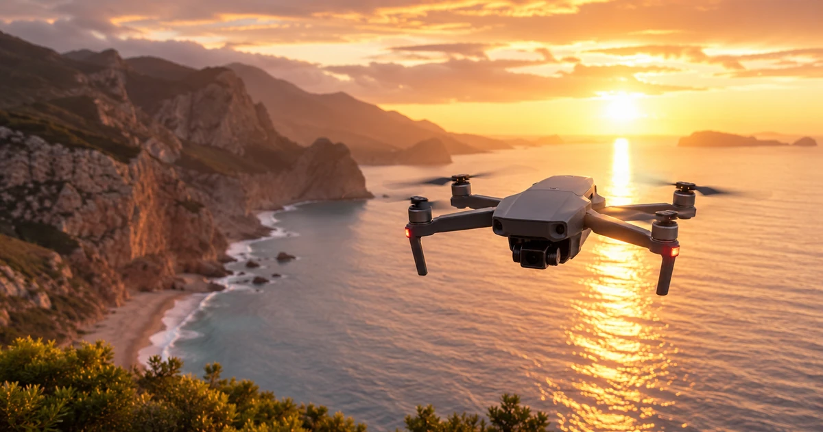 Eine kompakte Quadrocopter-Drohne fliegt im goldenen Morgenlicht über einer weiten Küstenlandschaft mit Klippen und Meer.
