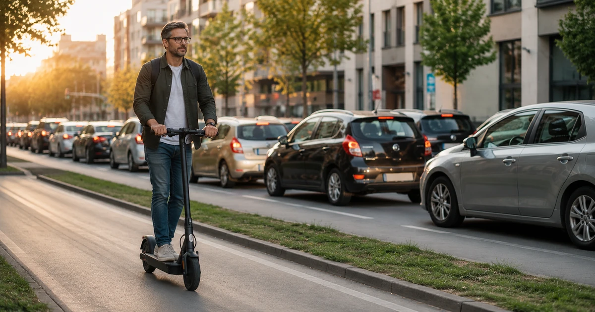 E-Scooter kaufen: Pendler fährt durch abendlichen Stadtverkehr an stehenden Autos vorbei