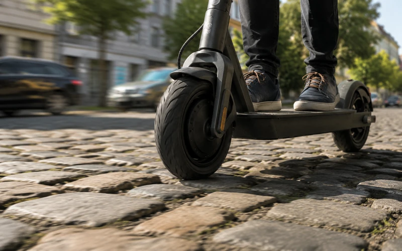E-Scooter fährt über Kopfsteinpflaster, Nahaufnahme der Vorderräder