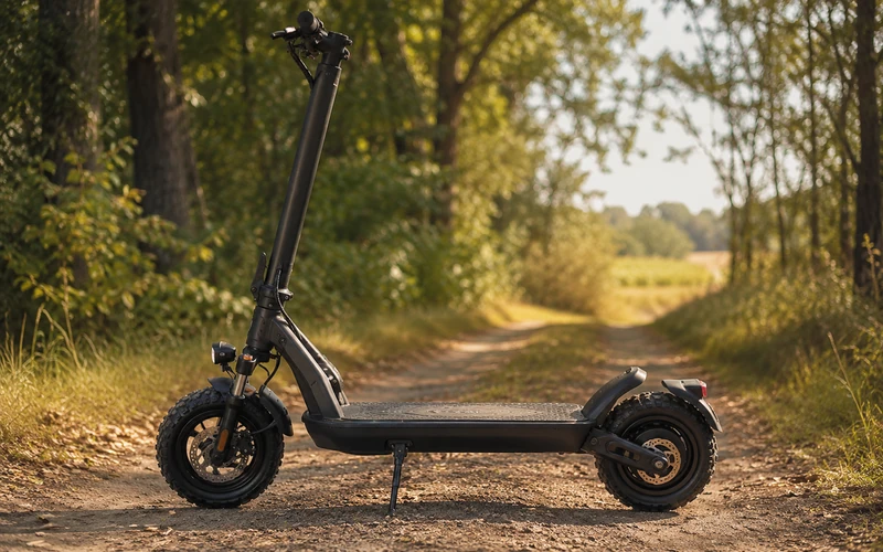E-Scooter mit grobstolliger Bereifung auf einem unbefestigten Feldweg