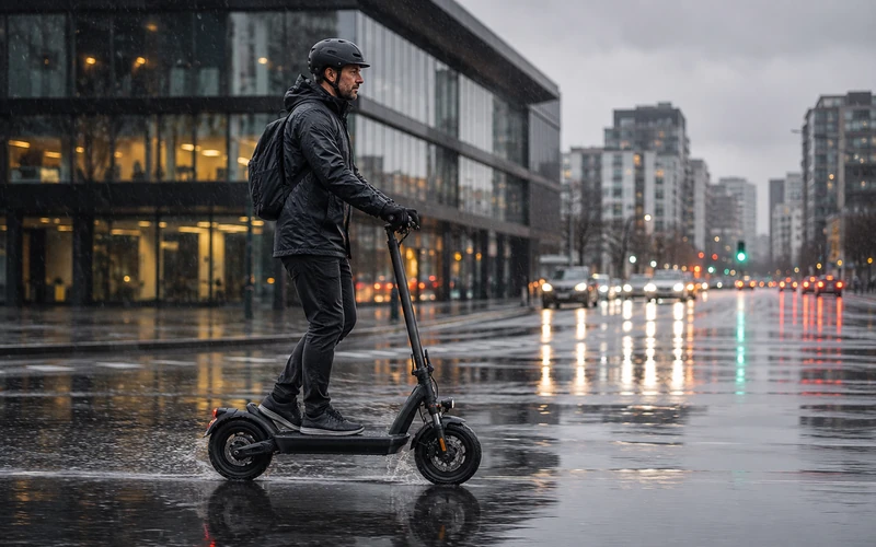 E-Scooter fährt bei Regen über eine nasse Straße in der Stadt