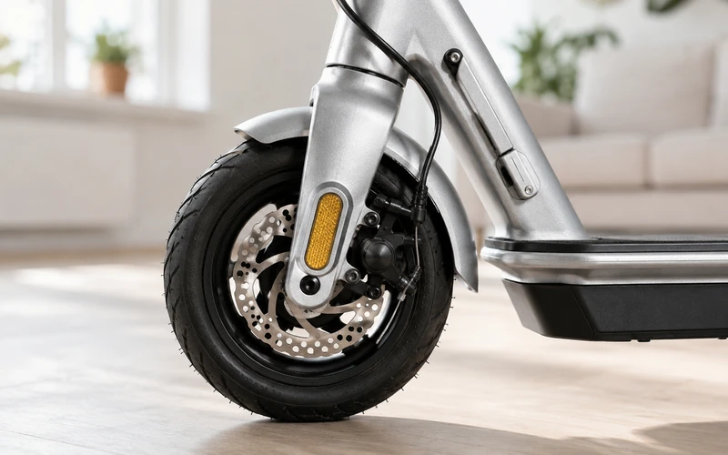 Detailansicht der Reifen und Bremse eines E-Scooters von der Seite