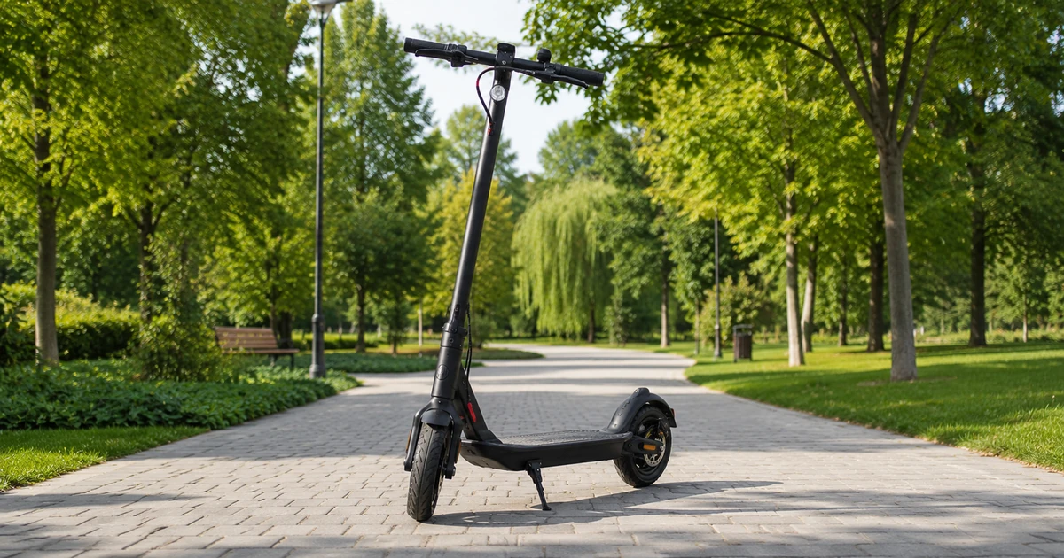 E-Scooter steht aufgeklappt im Freien bei Tageslicht in einem Parkweg