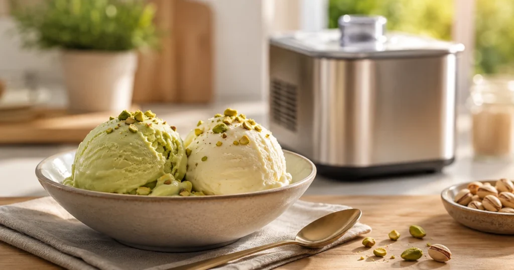 Eine Schale mit frisch zubereitetem, cremigen italienischen Gelato in einer hellen Küche neben einer modernen Eismaschine.
