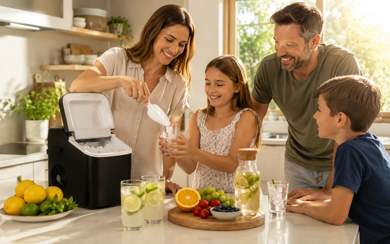 Eine Familie bedient sich an einer modernen Eiswürfelmaschine auf der Kücheninsel für erfrischende Sommergetränke