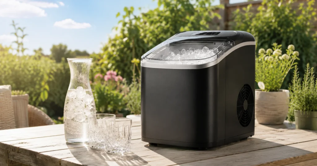 Eiswürfelmaschine im Vergleich auf dem Gartentisch bei Sommerwetter