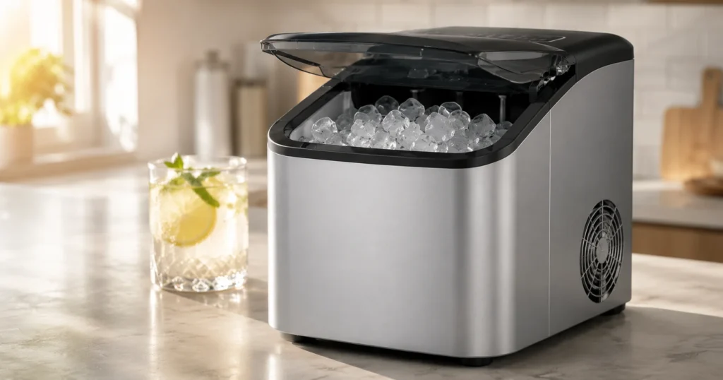Eiswürfelmaschine auf der Küchenarbeitsplatte bei der Eiswürfelproduktion