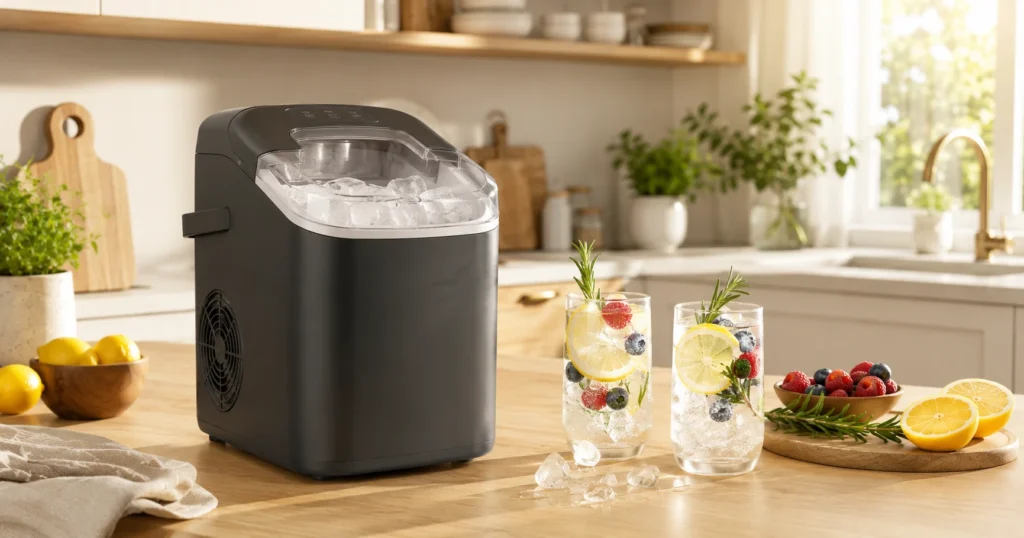 Eine elegante, matte Eiswürfelmaschine auf einer modernen Küchenarbeitsplatte neben erfrischenden Sommerdrinks