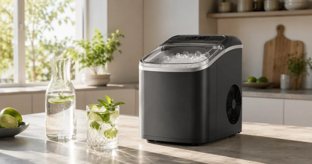 Eine hochwertige Eiswürfelmaschine auf einer modernen Küchenzeile bereitet frische Eiswürfel für sommerliche Drinks vor