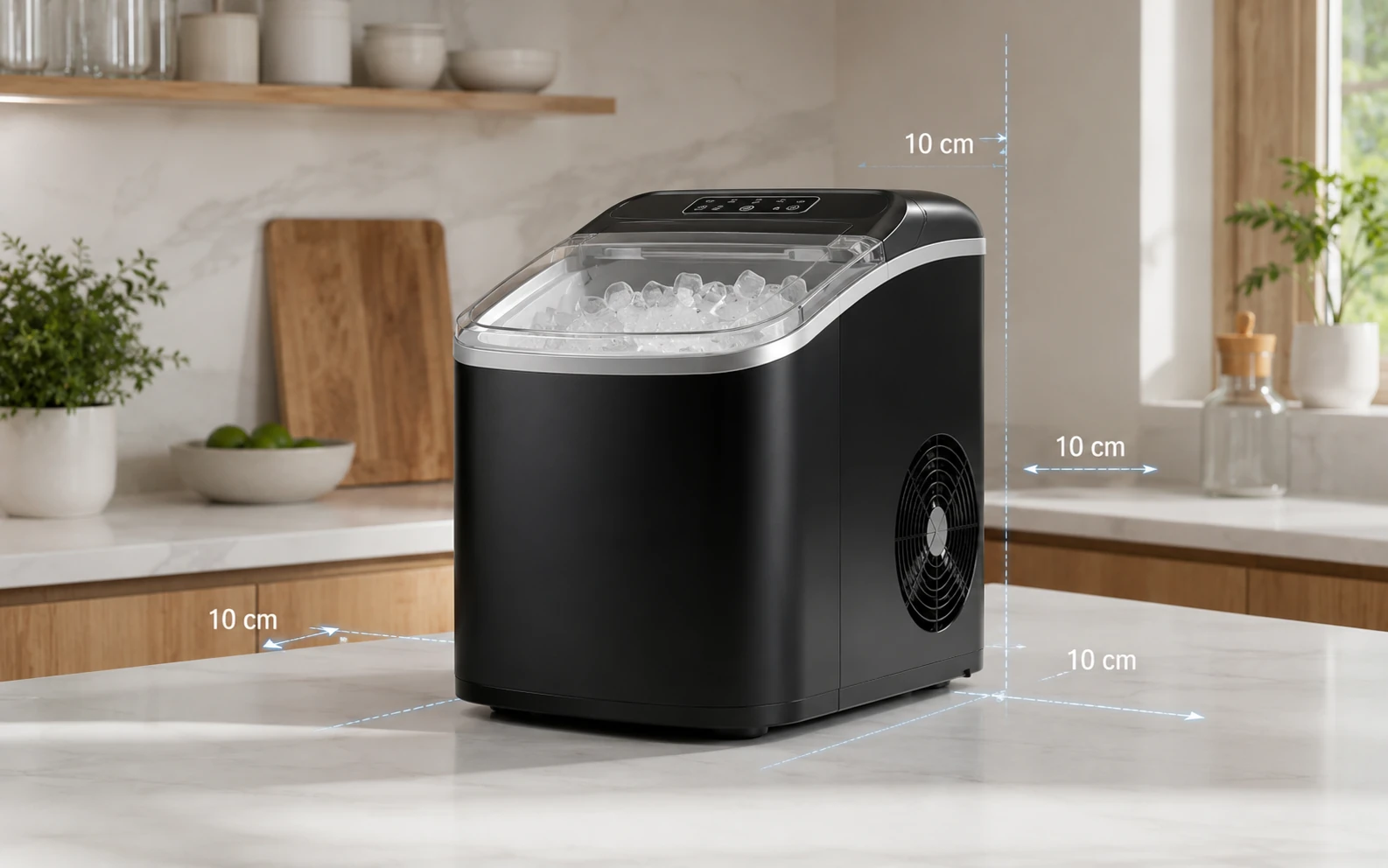 Eine kompakte Eiswürfelmaschine steht auf einer modernen Küchenarbeitsplatte mit markiertem Freiraum für die Belüftung