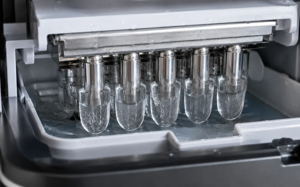 Detaillierter Blick in den Innenraum einer Eiswürfelmaschine auf die Kühlstifte mit entstehenden Eiswürfeln