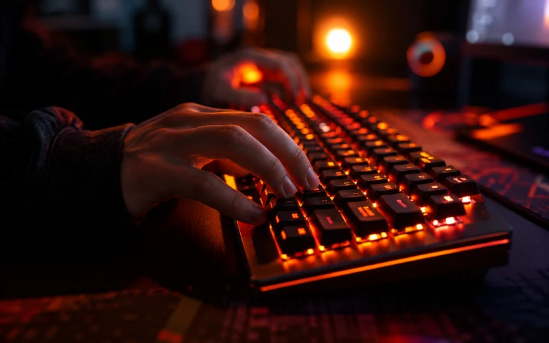 Nahaufnahme Hände auf Gaming Tastatur beim Spielen mit RGB Beleuchtung