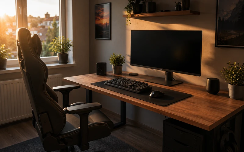 Gaming Setup Schreibtisch von der Seite mit Monitor und ergonomischem Stuhl