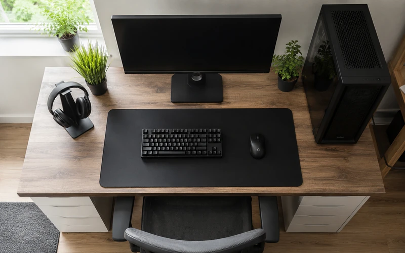 Vogelperspektive auf komplettes Gaming Setup mit Monitor Tastatur und Maus