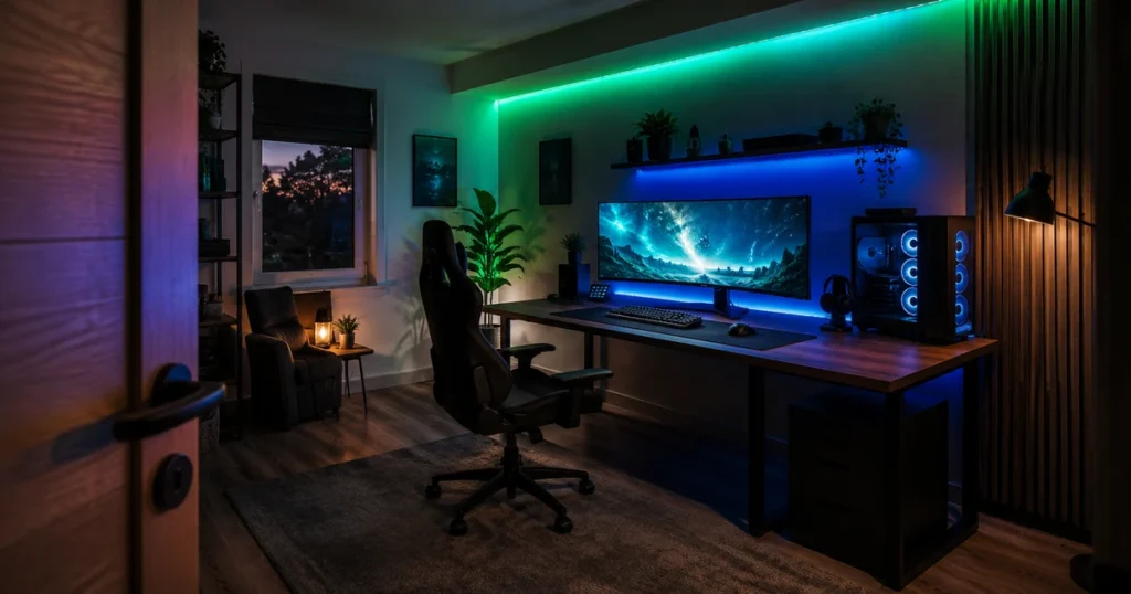 Gaming Zimmer von der Tür aus mit leuchtendem Monitor und aufgeräumtem Setup