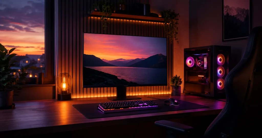 Gaming Setup mit Monitor Tastatur und RGB Beleuchtung bei Abenddämmerung