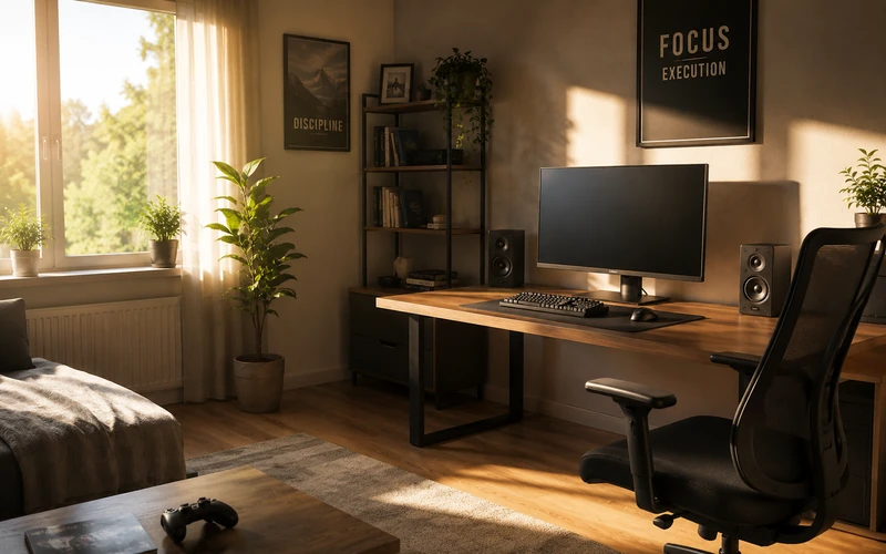 Gaming Zimmer in warmem Licht mit aufgeräumtem Setup am Morgen