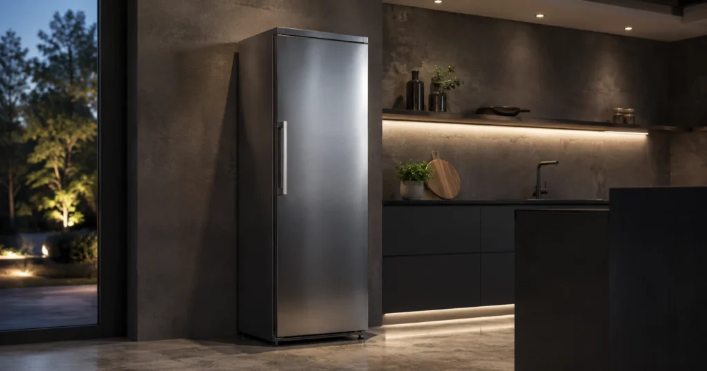 Ein geschlossener, moderner Gefrierschrank aus Edelstahl in einer eleganten Küche.