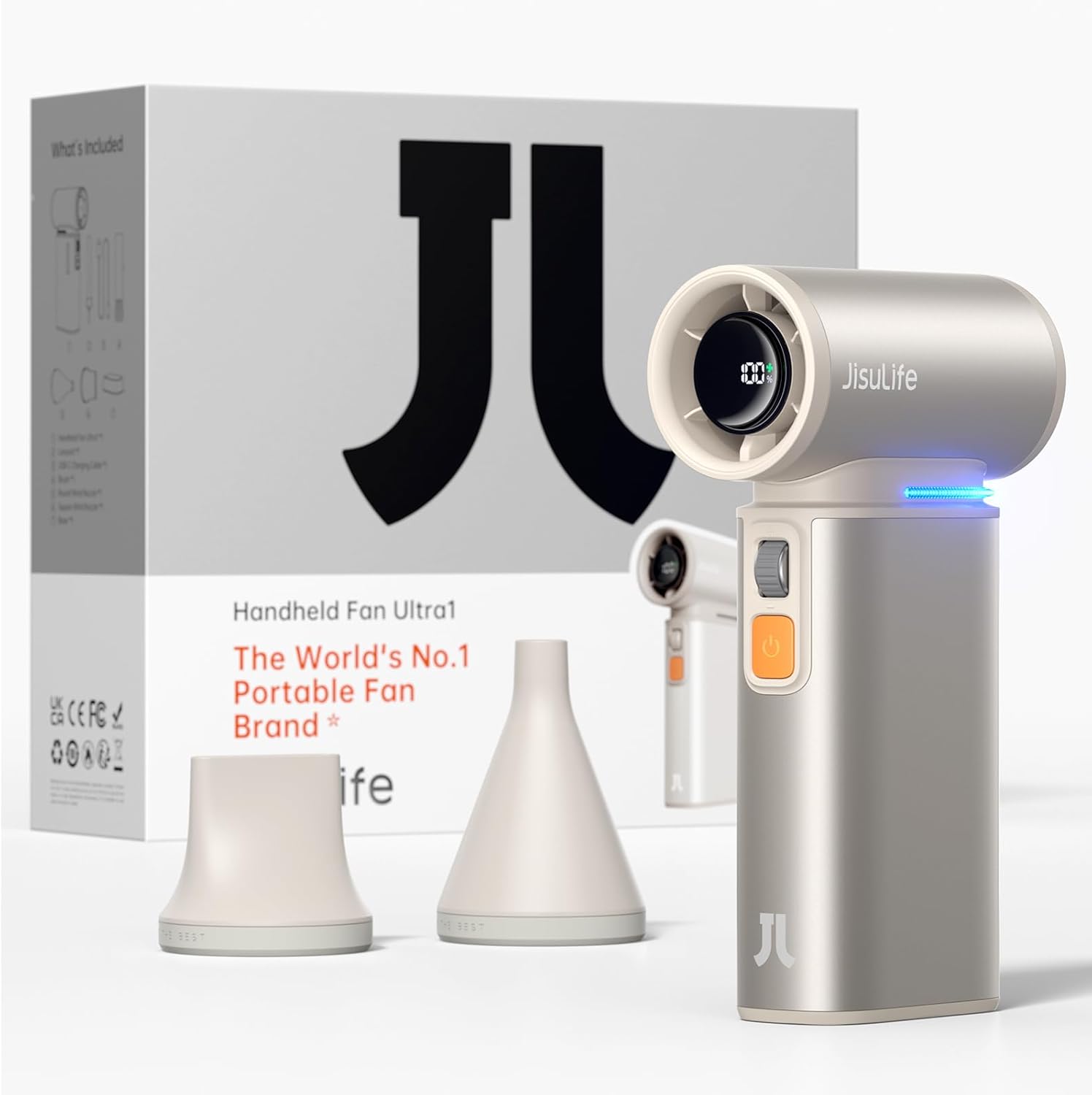 JISULIFE Mini Ventilator mit LED-Anzeige in der Hand
