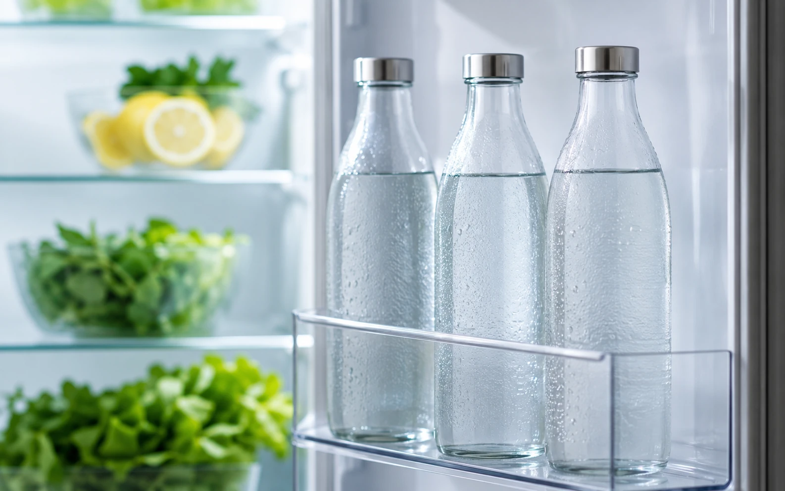 Mehrere Glasflaschen mit Wasser stehen ordentlich im Flaschenregal eines modernen Kühlschranks