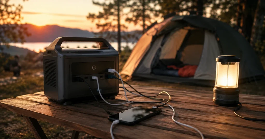 Powerstation kaufen: Geräte werden abends am Campingtisch über eine Powerstation aufgeladen