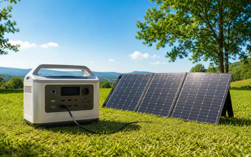 Powerstation mit angeschlossenem Solarpanel steht im Freien bei Sonnenschein