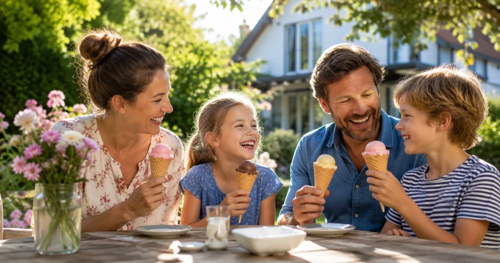 Eine Familie sitzt im sonnigen Garten zusammen und genießt selbstgemachtes Speiseeis in Waffeln.