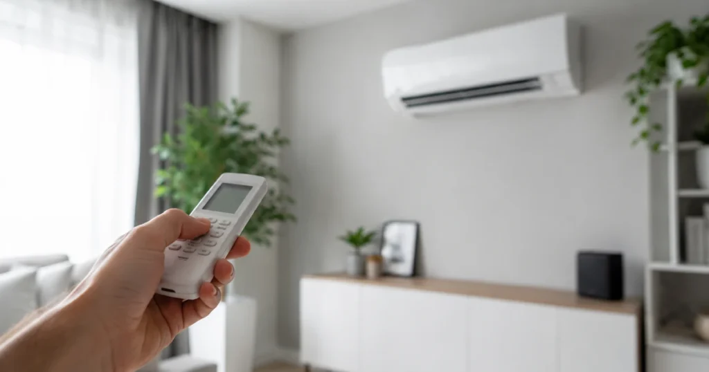 Split-Klimaanlage im Vergleich mit Fernbedienung im Wohnzimmer