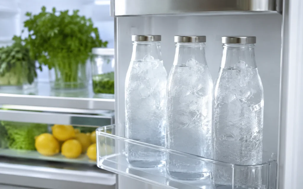 Drei elegante Glasflaschen mit eiskaltem Wasser stehen griffbereit in der Kühlschranktür