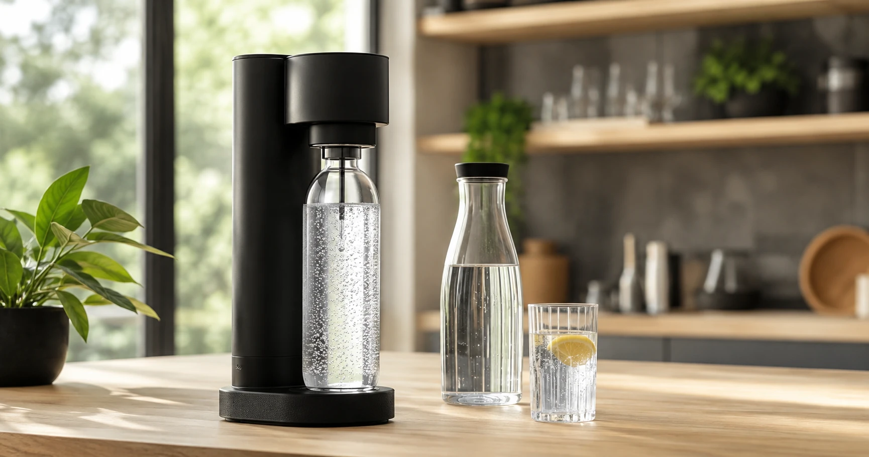 Wassersprudler oder Flaschen im direkten Vergleich auf einer modernen Küchentheke