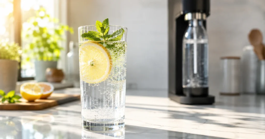 Ein Glas prickelndes Sprudelwasser mit Zitrone und Minze auf einer hellen Küchenarbeitsplatte