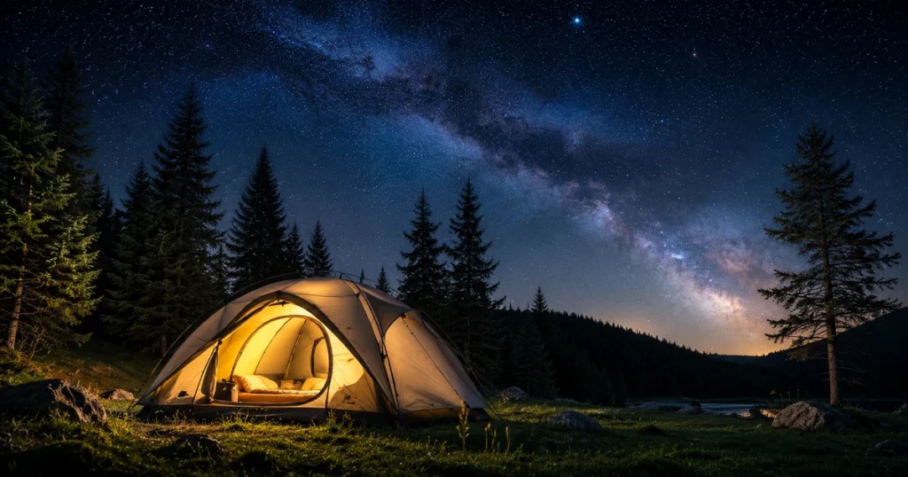 Zelt kaufen für den Campingurlaub: Ein modernes, hell erleuchtetes Campingzelt steht auf einer grünen Wiese unter einem klaren Sternenhimmel.