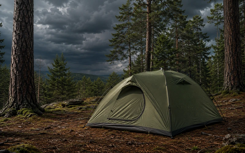 Zelt kaufen Tipps: Ein stabiles grünes Campingzelt steht sicher auf einem Stellplatz im Wald bei aufziehendem Wind.