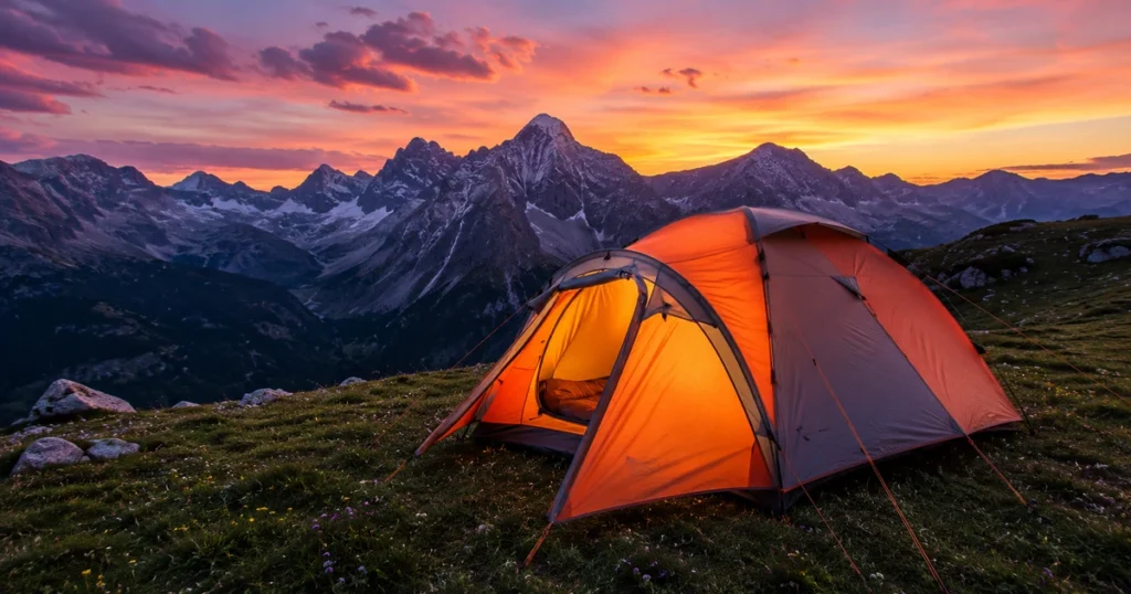 Zelt kaufen Ratgeber: Ein hochwertiges, beleuchtetes Campingzelt steht auf einer malerischen Bergwiese während der Dämmerung.