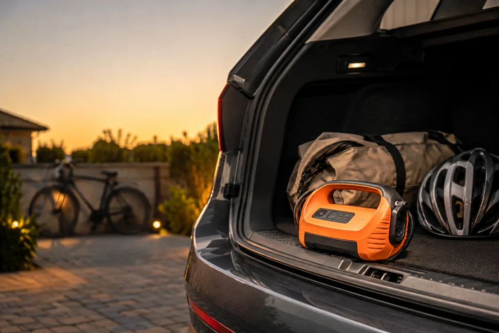Akku-Kompressor von RIDE+GO im Kofferraum bereit für die nächste Reise