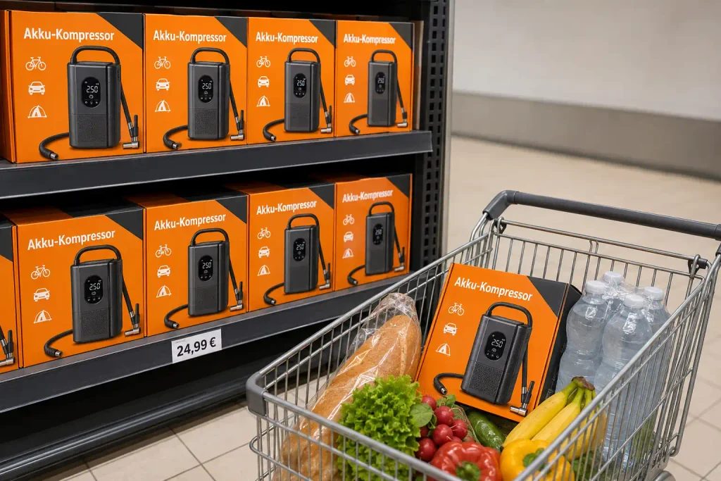 Akku-Kompressor von RIDE+GO im Regal bei Aldi Süd zwischen Einkaufswagen und Supermarktregal