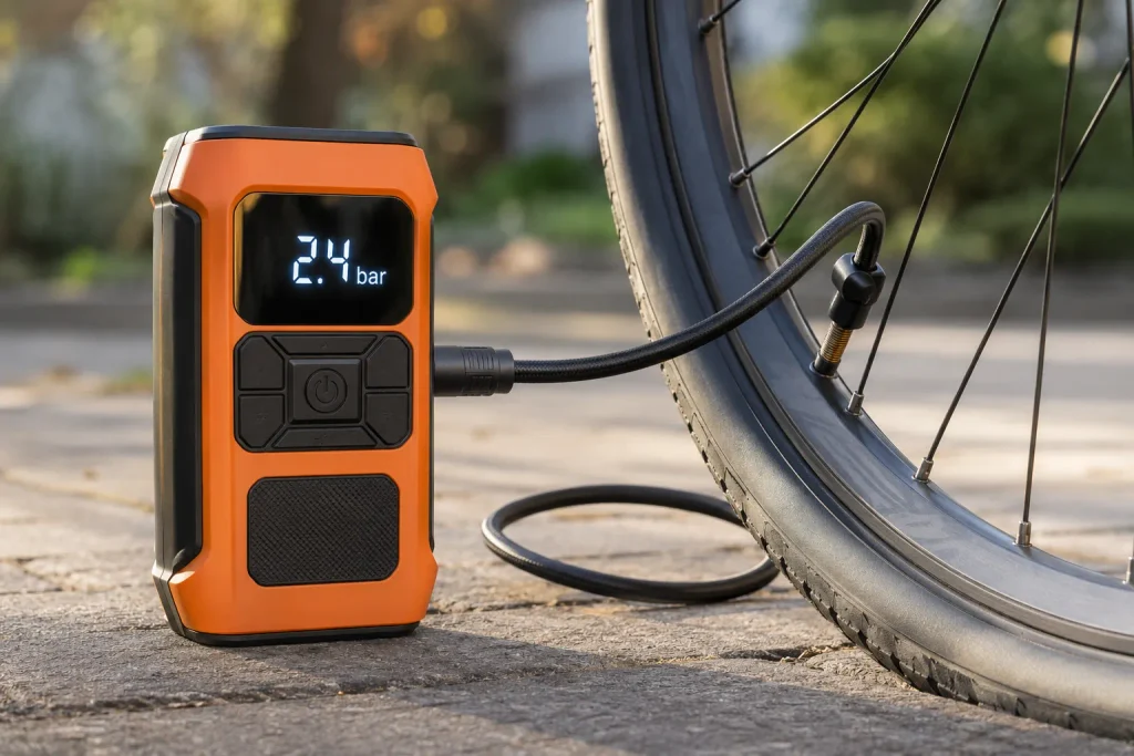 Akku-Kompressor von RIDE+GO beim Aufpumpen eines Fahrradreifens mit Druckanzeige auf dem Display