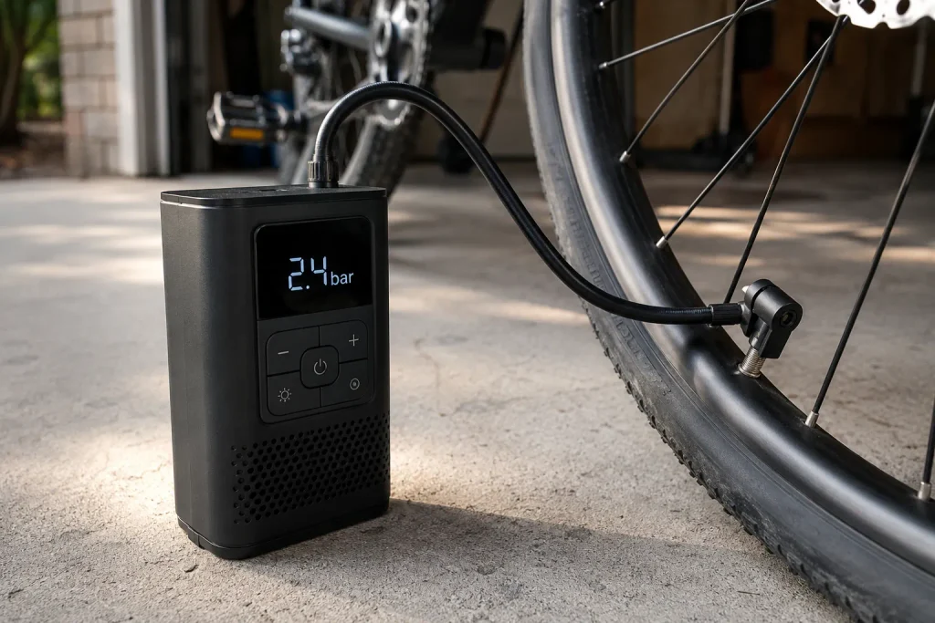 RIDE+GO Mini-Kompressor Aldi Nord MFP-08 mit digitalem Display beim Aufpumpen eines Fahrradreifens in der Garageneinfahrt