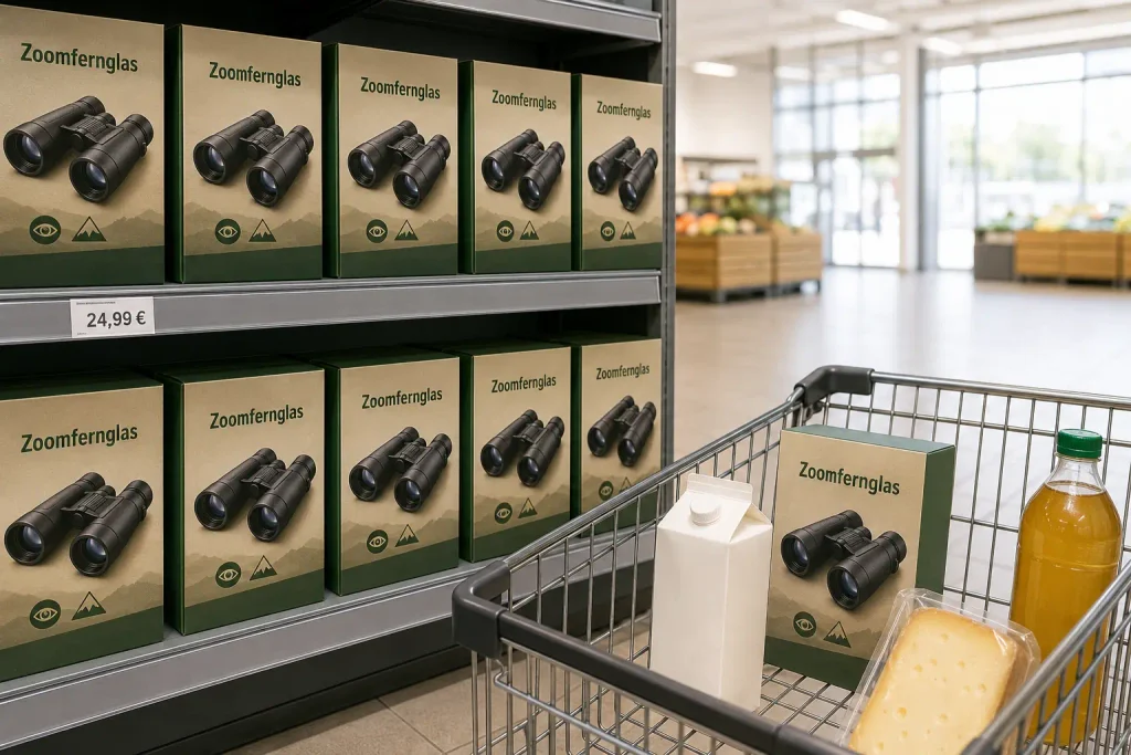 Zoomfernglas Aldi Nord – ADVENTURIDGE-Modell im Regal mit Preisschild