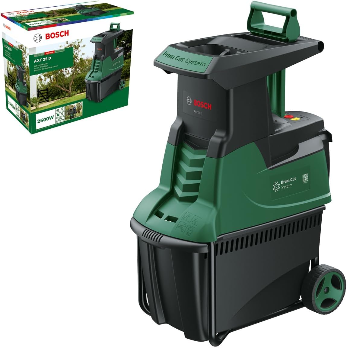 Bosch Leisehäcksler AXT 25 D mit Fangbox im Garten