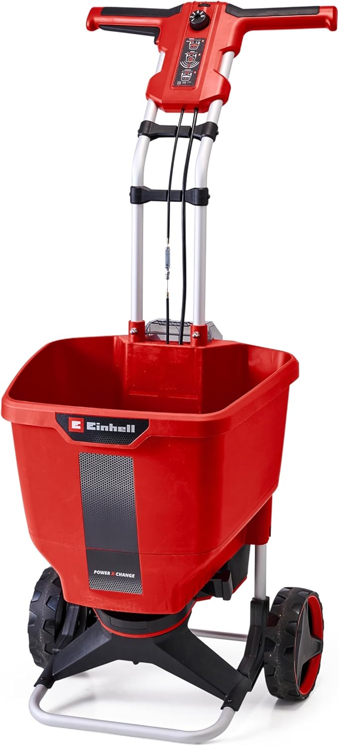 Einhell Akku-Streuwagen GE-SR 18/22 Li-Solo mit rotem Behälter und Schubbügel