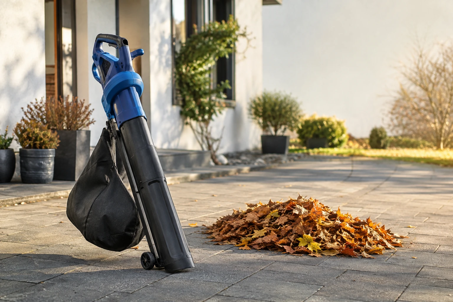 Ferrex Laubsauger auf einer herbstlichen Gartenterrasse