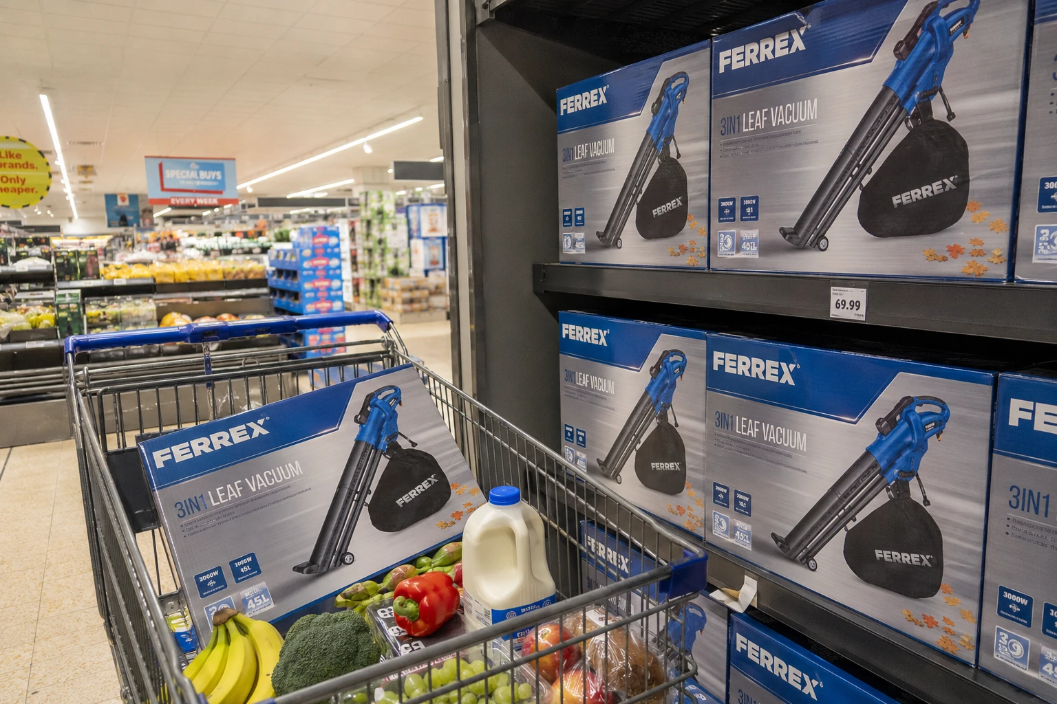 Ferrex Laubsauger im Angebot bei Aldi Süd, Regal mit Einkaufswagen