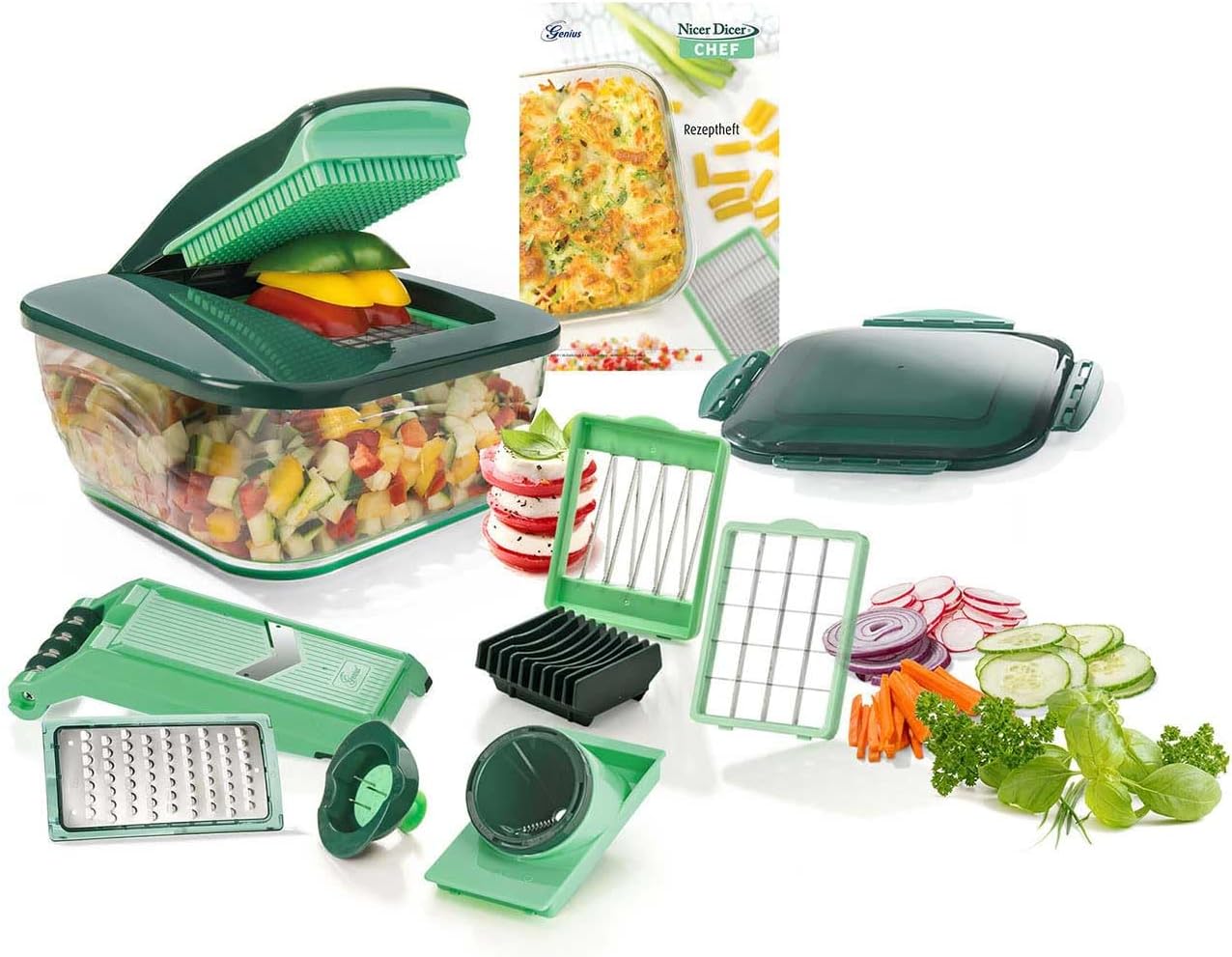 Genius Nicer Dicer Chef 15-teilig mit Schneid-Rastern, Tomaten-Einsatz, Hobel, Reibe und Auffangbehälter