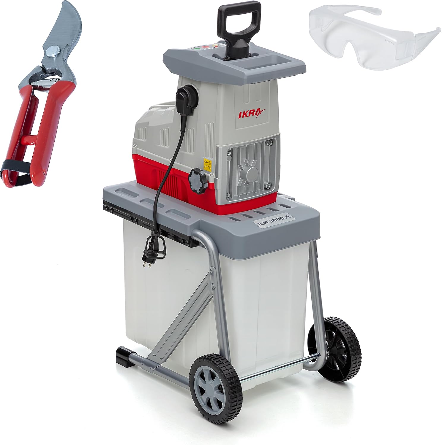 IKRA Elektro-Walzenhäcksler ILH 3000A mit Fangbox, Gartenschere und Schutzbrille