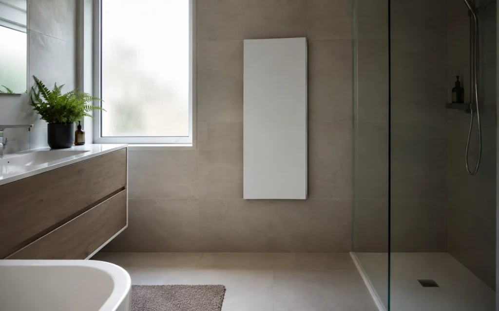 Infrarotheizung im Badezimmer mit sicherem Abstand zur Dusche montiert
