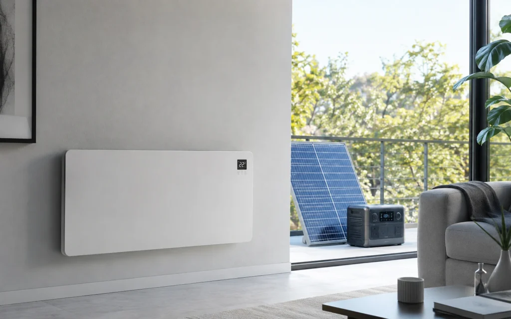 Wandmontierte Infrarotheizung mit Thermostat-Display, im Hintergrund ein Balkonkraftwerk zur Reduzierung der Stromkosten